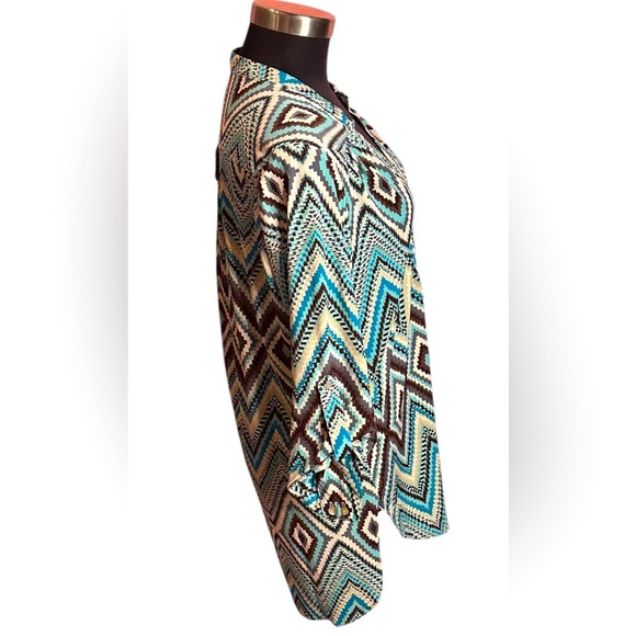 Audrey Ann  Women's Geometric Print Top - Blue and Brown - Picture 3 of 3